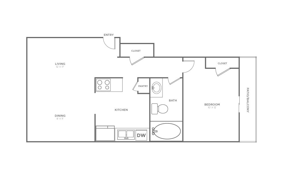 Birch - 1 bedroom floorplan layout with 1 bath and 620 square feet.