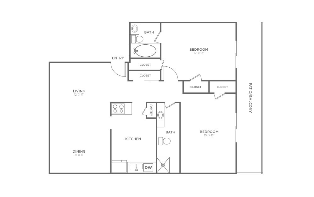 Hemlock - 2 bedroom floorplan layout with 2 bathrooms and 986 square feet