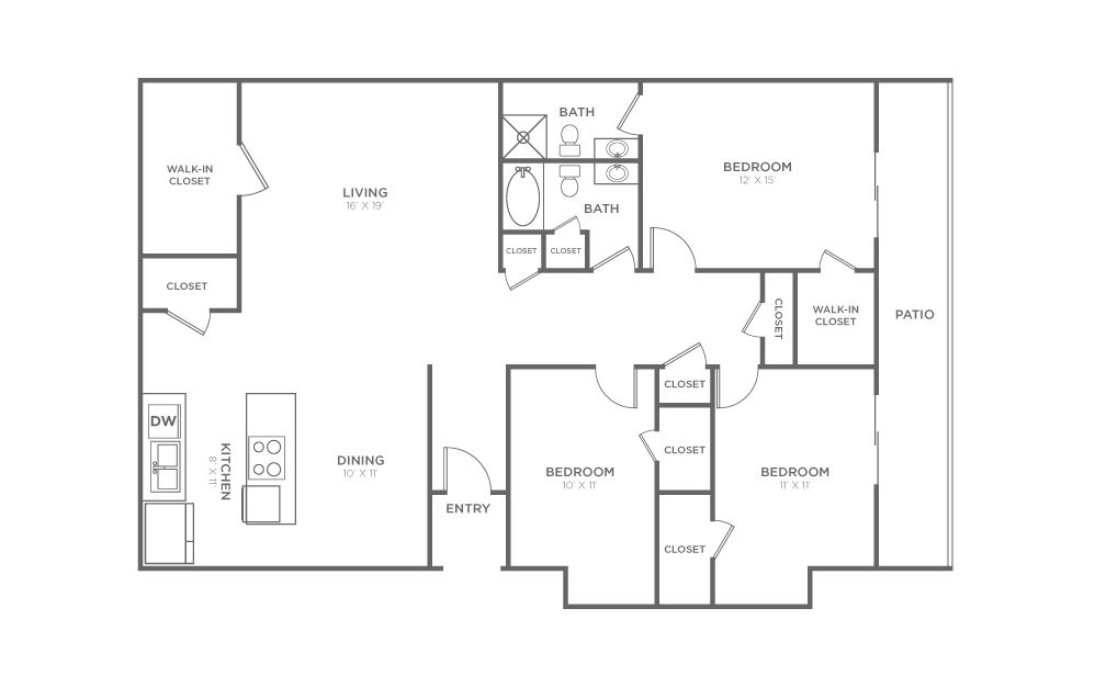 Red Oak - 3 bedroom floorplan layout with 2 baths and 1363 square feet.