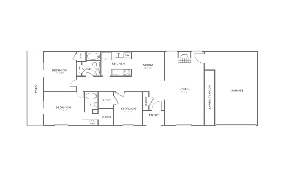 Sycamore - 3 bedroom floorplan layout with 2 baths and 1507 square feet.