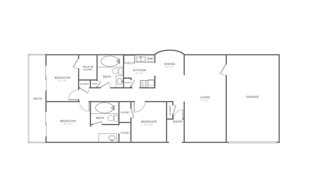 Willow - 3 bedroom floorplan layout with 2 baths and 1524 square feet.