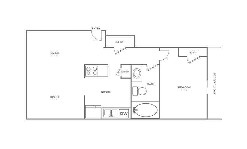 Birch - 1 bedroom floorplan layout with 1 bathroom and 620 square feet