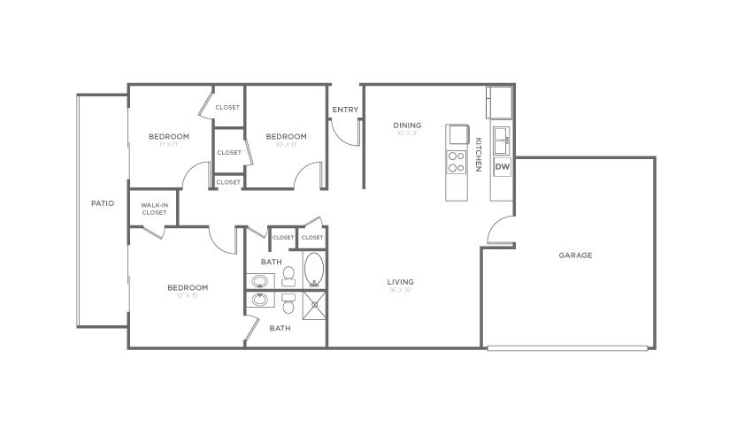Myrtle - 3 bedroom floorplan layout with 2 bathrooms and 1314 square feet