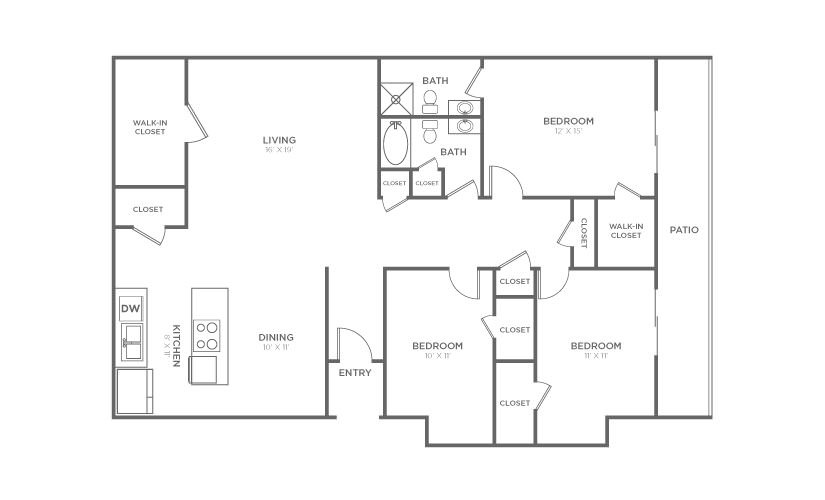 Red Oak - 3 bedroom floorplan layout with 2 bathrooms and 1363 square feet