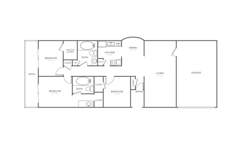 Willow - 3 bedroom floorplan layout with 2 bathrooms and 1524 square feet
